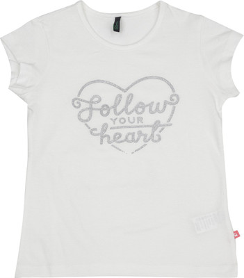 

United Colors of Benetton Girls Printed Cotton T Shirt(White, Pack of 1, K44
