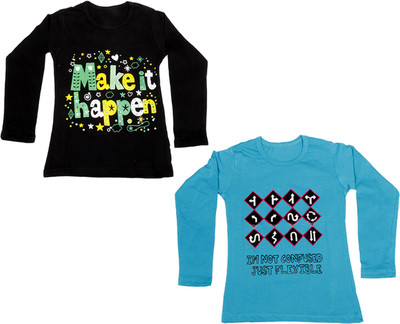 

IndiWeaves Girls Printed Cotton T Shirt(Multicolor, Pack of 2, Black;blue