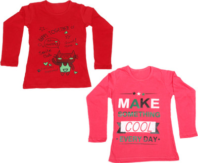 

IndiWeaves Girls Printed Cotton T Shirt(Multicolor, Pack of 2, Pink;red