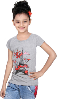 IndiWeaves Girls Printed Cotton Blend Regular T Shirt(Grey, Pack of 1)