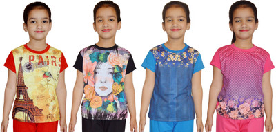 

Shaun Girls Printed Cotton T Shirt(Multicolor, Pack of 4, Light blue;pink;red;black