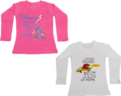

IndiWeaves Girls Printed Cotton T Shirt(Multicolor, Pack of 2, Pink;white