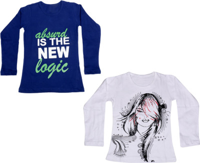

IndiWeaves Girls Printed Cotton T Shirt(Multicolor, Pack of 2, Blue;white