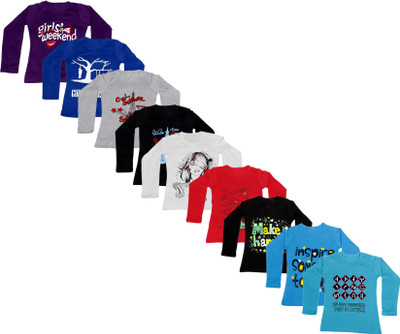 

IndiWeaves Girls Printed Cotton T Shirt(Multicolor, Pack of 9, Black;blue;grey;purple;red;white