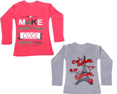 

IndiWeaves Girls Printed Cotton T Shirt(Multicolor, Pack of 2, Grey;pink