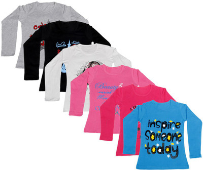 

IndiWeaves Girls Printed Cotton T Shirt(Multicolor, Pack of 6, Black;blue;grey;pink;red;white
