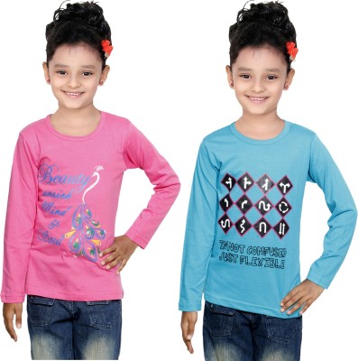 IndiWeaves Girls Printed Cotton Blend T Shirt(Multicolor, Pack of 2)