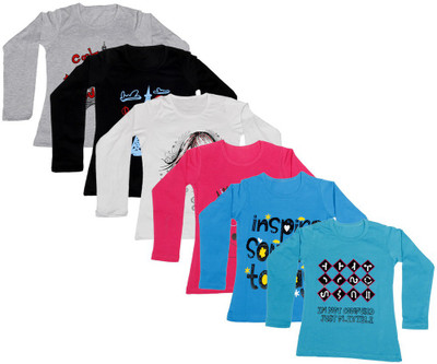 

IndiWeaves Girls Printed Cotton T Shirt(Multicolor, Pack of 6, Black;blue;grey;red;white