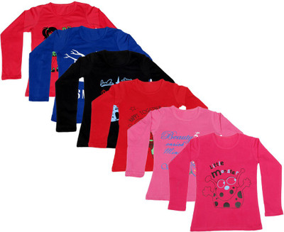 

IndiWeaves Girls Printed Cotton T Shirt(Multicolor, Pack of 6, Black;blue;pink;red