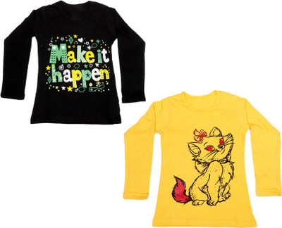 

IndiWeaves Girls Printed Cotton T Shirt(Multicolor, Pack of 2, Black;yellow