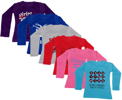

IndiWeaves Girls Printed Cotton T Shirt(Multicolor, Pack of 6, Blue;grey;pink;purple;red