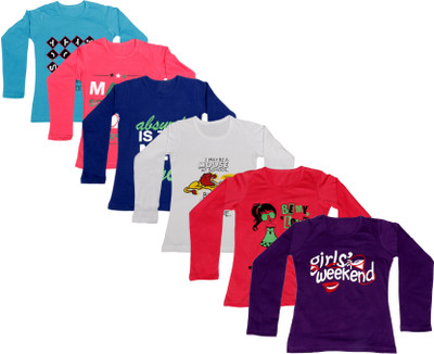 

IndiWeaves Girls Printed Cotton T Shirt(Multicolor, Pack of 6, Blue;dark blue;pink;purple;red;white