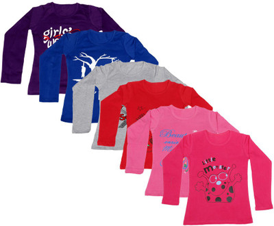 

IndiWeaves Girls Printed Cotton T Shirt(Multicolor, Pack of 6, Blue;grey;pink;purple;red