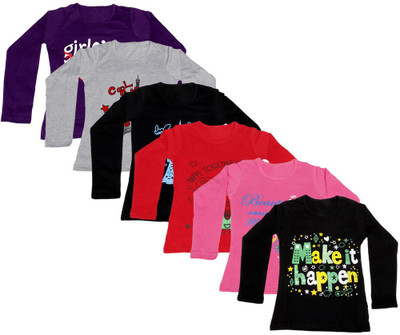 

IndiWeaves Girls Printed Cotton T Shirt(Multicolor, Pack of 6, Black;grey;pink;purple;red