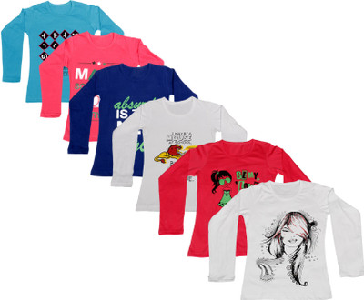 

IndiWeaves Girls Printed Cotton T Shirt(Multicolor, Pack of 6, Blue;dark blue;pink;red;white