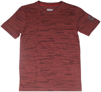 

ADIDAS Boys Self Design Cotton Polyester Blend T Shirt(Brown, Pack of 1, Vivred/utiblk