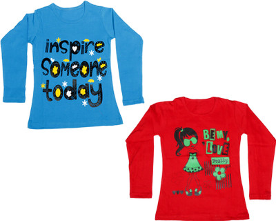 

IndiWeaves Girls Printed Cotton T Shirt(Multicolor, Pack of 2, Blue;red