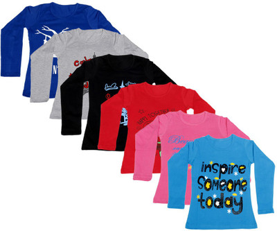 

IndiWeaves Girls Printed Cotton T Shirt(Multicolor, Pack of 6, Black;blue;grey;pink;red