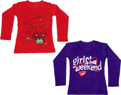 

IndiWeaves Girls Printed Cotton T Shirt(Multicolor, Pack of 2, Purple;red