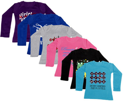 

IndiWeaves Girls Printed Cotton T Shirt(Multicolor, Pack of 6, Black;blue;grey;pink;purple