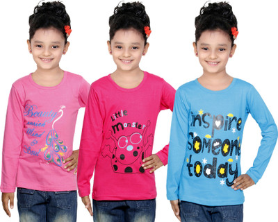 IndiWeaves Girls Printed Cotton Blend Regular T Shirt(Pink, Pack of 3)