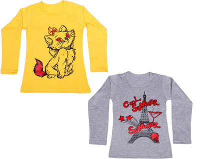 

IndiWeaves Girls Printed Cotton T Shirt(Multicolor, Pack of 2, Grey;yellow