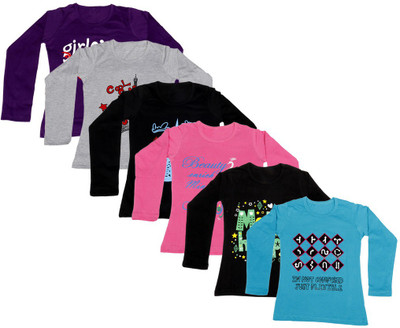

IndiWeaves Girls Printed Cotton T Shirt(Multicolor, Pack of 6, Black;blue;grey;pink;purple