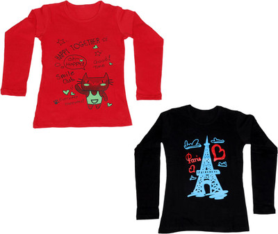 

IndiWeaves Girls Printed Cotton T Shirt(Multicolor, Pack of 2, Black;red