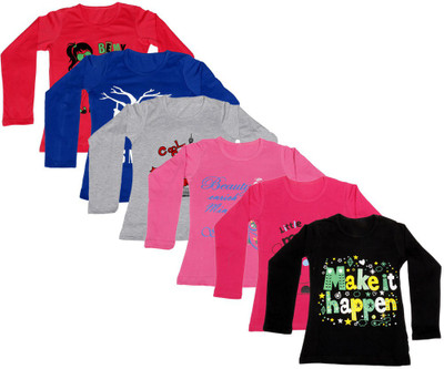 

IndiWeaves Girls Printed Cotton T Shirt(Multicolor, Pack of 6, Black;blue;grey;pink;red