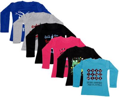 

IndiWeaves Girls Printed Cotton T Shirt(Multicolor, Pack of 6, Black;blue;grey;red