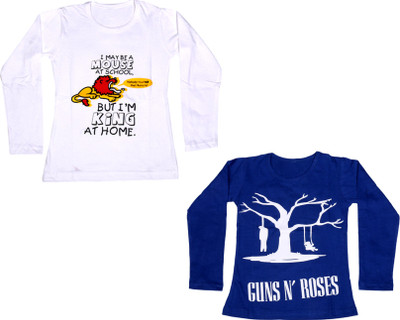 

IndiWeaves Girls Printed Cotton T Shirt(Multicolor, Pack of 2, Blue;white