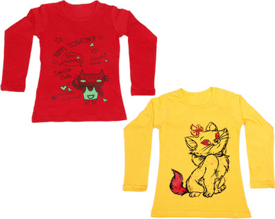 

IndiWeaves Girls Printed Cotton T Shirt(Multicolor, Pack of 2, Red;yellow