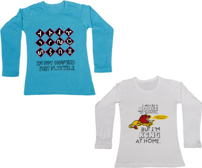 

IndiWeaves Girls Printed Cotton T Shirt(Multicolor, Pack of 2, Blue;white