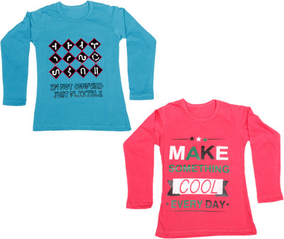 

IndiWeaves Girls Printed Cotton T Shirt(Multicolor, Pack of 2, Blue;pink