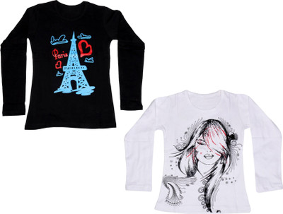 

IndiWeaves Girls Printed Cotton T Shirt(Multicolor, Pack of 2, Black;white