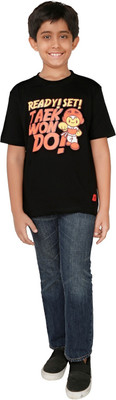 

Taekwondo Plus Boys Printed Cotton T Shirt(Black, Pack of 1