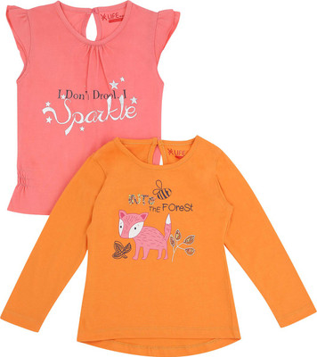 

Life by Shoppers Stop Girls Printed Cotton T Shirt(Orange, Pack of 2