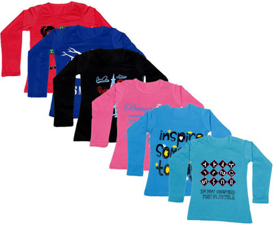 

IndiWeaves Girls Printed Cotton T Shirt(Multicolor, Pack of 6, Black;blue;pink;red