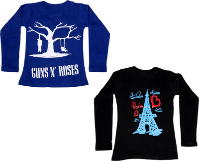 

IndiWeaves Girls Printed Cotton T Shirt(Multicolor, Pack of 2, Black;blue