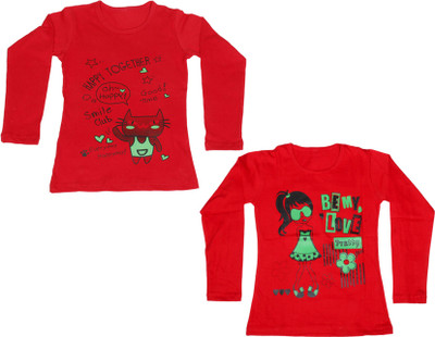 

IndiWeaves Girls Printed Cotton T Shirt(Multicolor, Pack of 2, Red