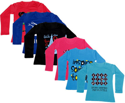

IndiWeaves Girls Printed Cotton T Shirt(Multicolor, Pack of 6, Black;blue;red