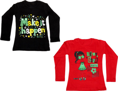 

IndiWeaves Girls Printed Cotton T Shirt(Multicolor, Pack of 2, Black;red