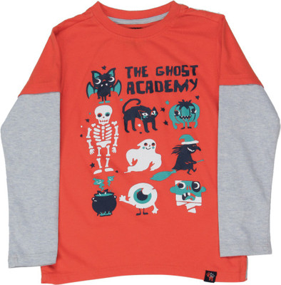 

NautiNati Boys Printed Cotton T Shirt(Grey, Pack of 1, Orange-greyheather