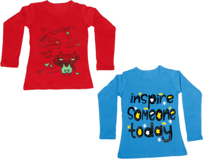 

IndiWeaves Girls Printed Cotton T Shirt(Multicolor, Pack of 2, Blue;red