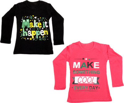 

IndiWeaves Girls Printed Cotton T Shirt(Multicolor, Pack of 2, Black;pink
