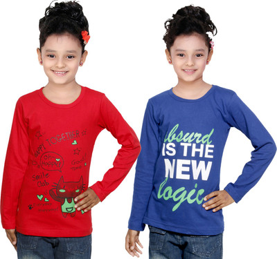 IndiWeaves Girls Printed Cotton Blend Regular T Shirt(Multicolor, Pack of 2)