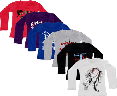 

IndiWeaves Girls Printed Cotton T Shirt(Multicolor, Pack of 6, Black;blue;grey;purple;red;white