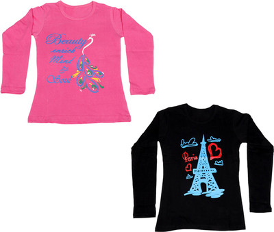 

IndiWeaves Girls Printed Cotton T Shirt(Multicolor, Pack of 2, Black;pink