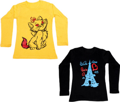 

IndiWeaves Girls Printed Cotton T Shirt(Multicolor, Pack of 2, Black;yellow