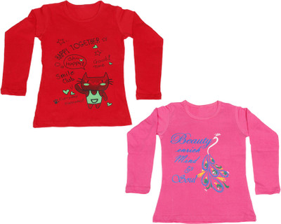 

IndiWeaves Girls Printed Cotton T Shirt(Multicolor, Pack of 2, Pink;red